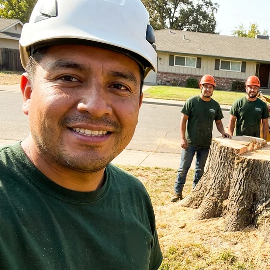 Smiling Arborist Action crew selfie after removing a large oak in Port Orange